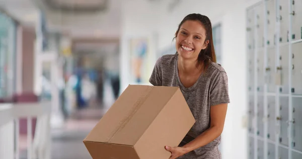 Cheerful Young Woman Post Office Holding Cardboard Package — Stock Photo, Image