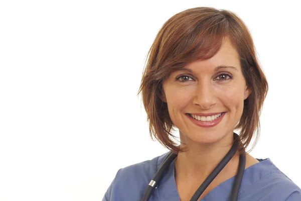 Close Portrait Smiling Young Woman Doctor Scrubs — Stock Photo, Image