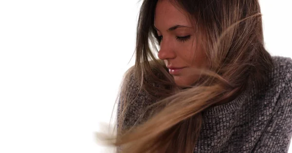 Beautiful Woman Long Brown Hair Blowing Wind White Backdrop — Stock Photo, Image