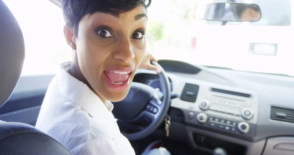 Angry Woman Car Looking Shoulder Shouting Passenger — Stock Photo, Image