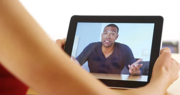 Closeup Casual Black Businessman Talking Tablet — Stock Photo, Image
