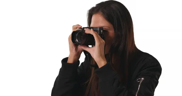 Closeup Hipster Κορίτσι Στο Σακάκι Βομβαρδιστικό Λήψη Φωτογραφιών Φωτογραφική Μηχανή — Φωτογραφία Αρχείου