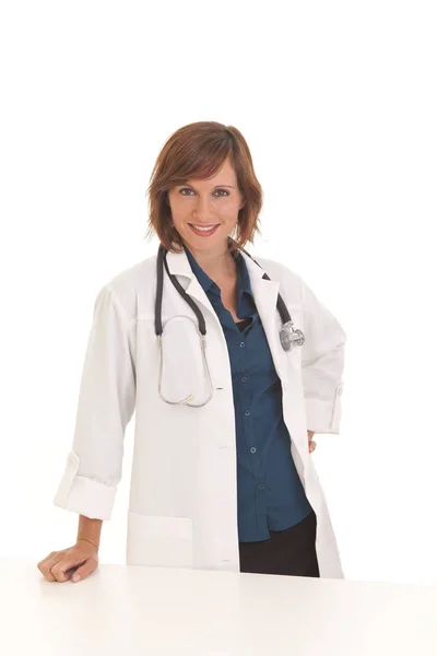 Portrait Young Woman Doctor Leaning Desk White Coat — Stock Photo, Image