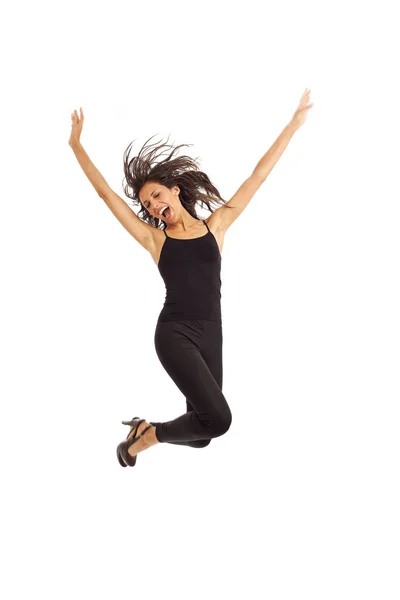 Linda Joven Enérgica Chica Con Negro Bailando Saltando — Foto de Stock