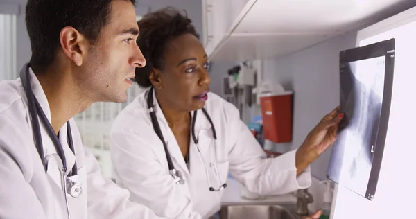 Two Medical Doctors Reviewing Patient Ray Patients Spine Skull — Stock Photo, Image