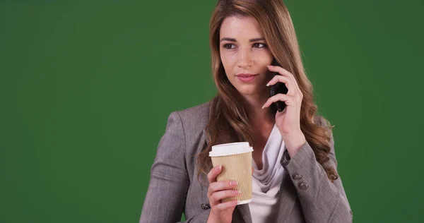 Young Businesswoman Talking Phone Client Green Screen — Stock Photo, Image