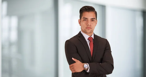Happy Smiling Young Hispanic Businessman Standing Office Arms Crossed Looking — Stock Photo, Image