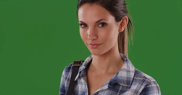 Portrait Pretty Young Caucasian Woman Plaid Shirt Smiling Green Screen — Stock Photo, Image