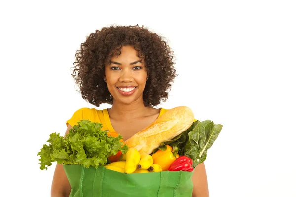 Feliz Joven Negro Milenial Mujer Sosteniendo Comestibles Sobre Fondo Blanco —  Fotos de Stock