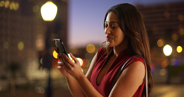 Latina Female Dressed Fun Night City Taking Selfie Cellphone Stock Picture