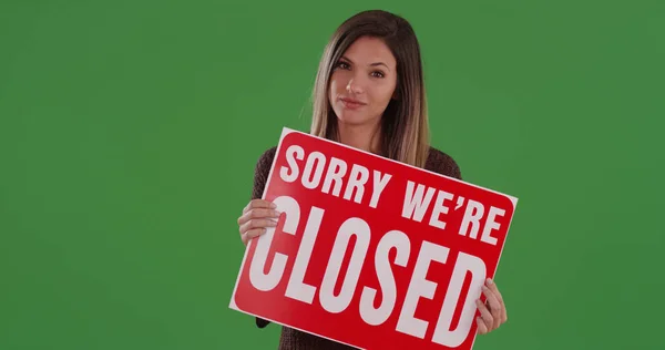 Millennial Woman Holding Sign Reading Sorry Closed Green Screen — Stock Photo, Image
