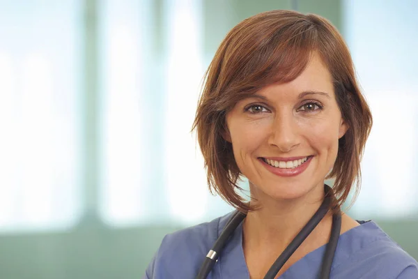Close Portrait Smiling Young Woman Doctor Scrubs — Stock Photo, Image
