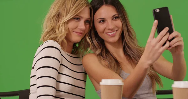 Attractive white females at cafe sitting and taking selfie on green screen