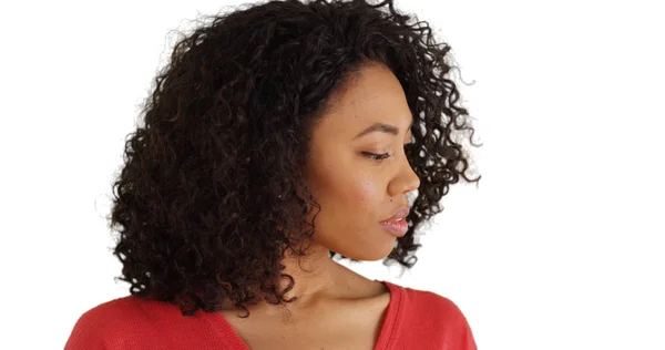 Pensive Black Woman Her 20S Lost Thought Alone White Copy — Stock Photo, Image