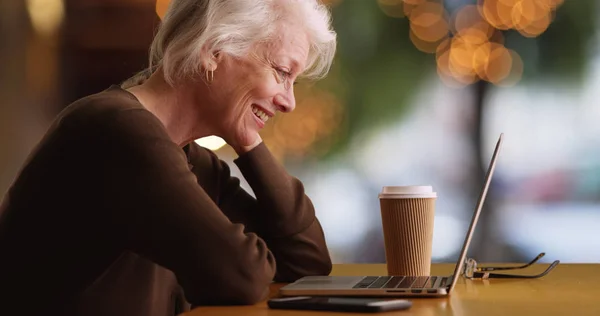 Профиль Веселой Белой Женщины Видео Чате Ноутбуке Снаружи — стоковое фото