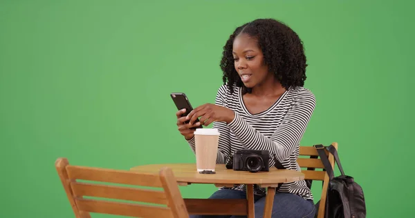 Young Black Woman Sitting Cafe Using Phone Text Green Screen — Stock Photo, Image