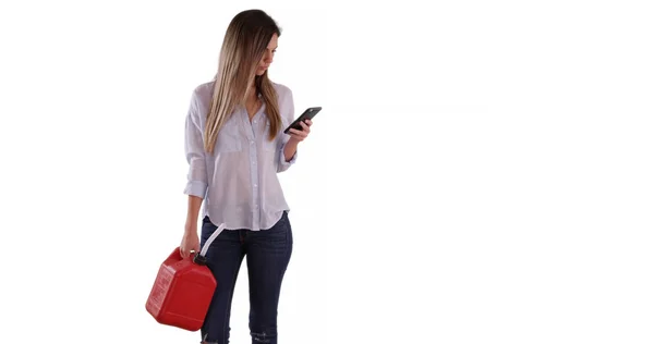 Lost Female Holding Gas Can Getting Directions Phone White Copy — Stock Photo, Image