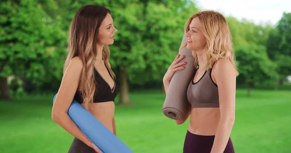 Duas Mulheres Adoráveis Encaixam Conversando Após Prática Ioga Sportswear Parque — Fotografia de Stock