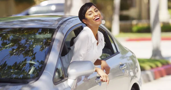 Happy Black Woman Leaning Out Car Window Hands Air — Stock Photo, Image