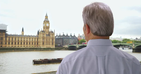 Older White Man London Looks Big Ben River Thames — Stock Photo, Image