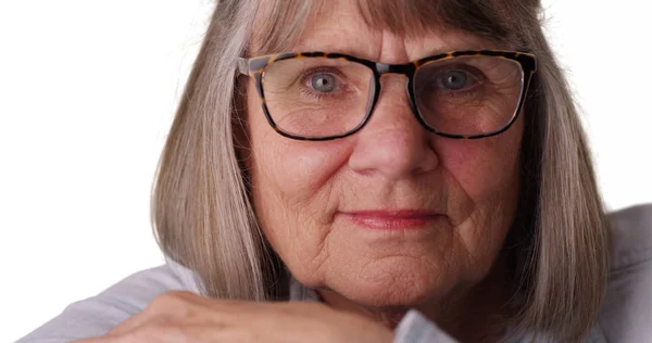 Close View Relaxed Senior Lady Face Looking Camera White Copy — Stock Photo, Image