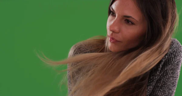 Close Beautiful Millennial Girl Hair Blowing Wind Green Screen — Stock Photo, Image
