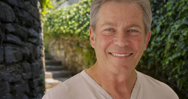 Happy Mature Caucasian Man Smiles Stone Staircase — Stock Photo, Image