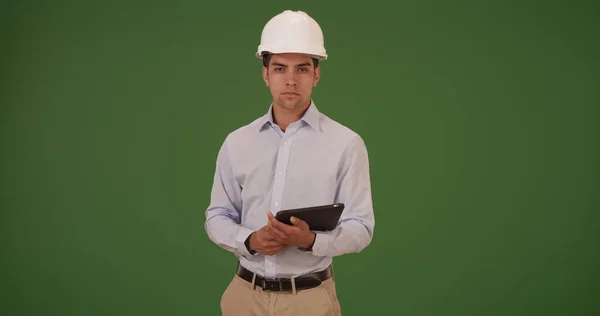 Hispanic Architect Tablet Wearing Hard Hat Helmet Green Screen — Stock Photo, Image