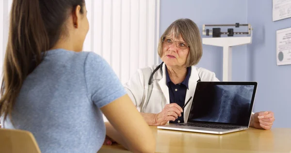 Mature Doctor Explaining Neck Ray Mexican Woman Patient — Stock Photo, Image