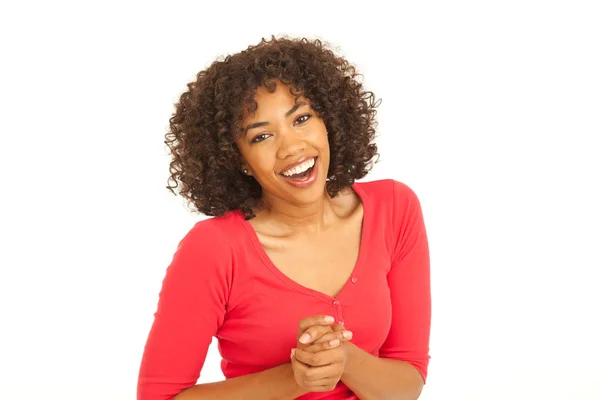 Mulher Negra Jovem Bonita Sorrindo Para Câmera Branco — Fotografia de Stock