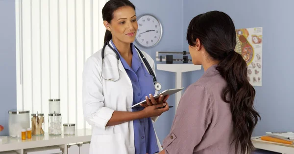 タブレットと患者に話しているアフリカ系アメリカ人の婦人科医 — ストック写真
