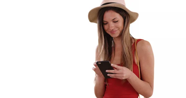 Happy Millennial Woman Hat Tank Top Using Phone App White — Stock Photo, Image