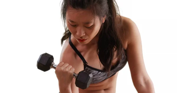 Athletic Millennial Woman Lifting Weight Isolated White Background — Stock Photo, Image