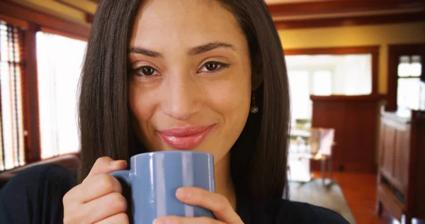 Close Portrait Hispanic Woman Drinking Coffee — Stock Photo, Image