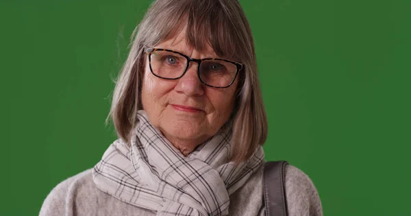 Charming Mature White Female Wearing Scarf Sweater Green Screen — Stock Photo, Image