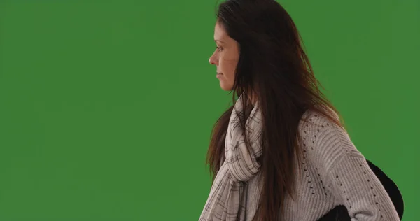 Portrait Young Woman Standing Looking Green Screen — Stock Photo, Image