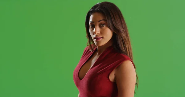 Portrait Beautiful Latina Red Dress Looking Camera Green Screen — Stock Photo, Image