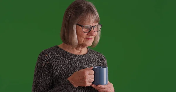 Charming Caucasian Senior Female Coffee Mug Green Screen — Stock Photo, Image