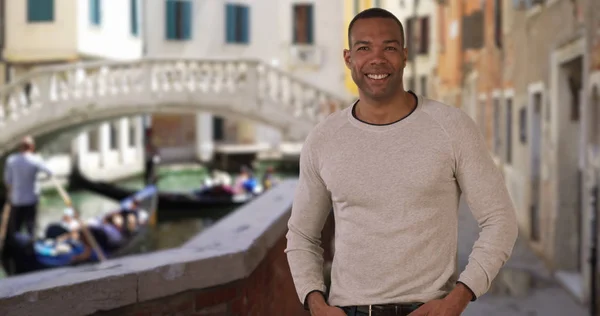 Confident African Male Stands Proudly While Traveling Venice Italy — Stock Photo, Image