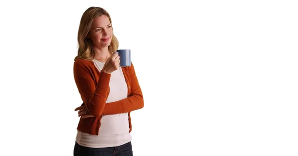 Middle Aged Caucasian Woman Drinking Coffee Mug — Stock Photo, Image