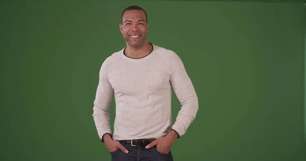 Handsome Black Man Smiling White Long Sleeve Shirt Green Screen — Stock Photo, Image