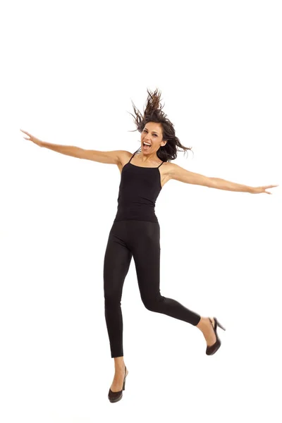 Linda Joven Enérgica Chica Con Negro Bailando Saltando — Foto de Stock