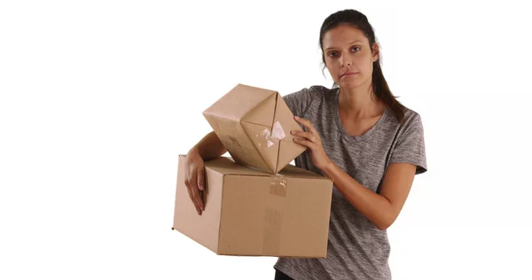 Beautiful Caucasian Woman Carrying Shipping Boxes White Background — Stock Photo, Image