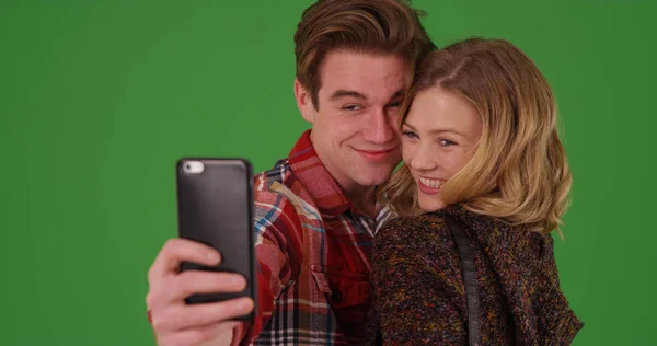 Millennial Couple Taking Selfies Mobile Device Green Screen — Stock Photo, Image