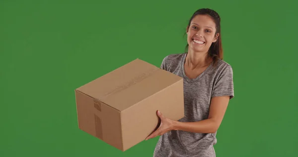 Joyful White Girl Carrying Large Cardboard Box Standing Green Screen — Stock Photo, Image