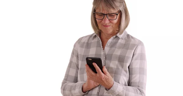 Joyful Mature White Lady Using Phone Text Message Someone White — Stock Photo, Image