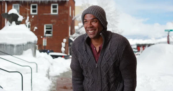 African American Man Standing Snow Frosty Morning — Stock Photo, Image