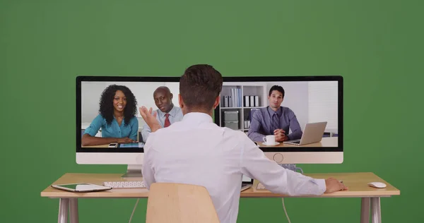 在绿色屏幕上召开网络会议的商业伙伴小组 — 图库照片