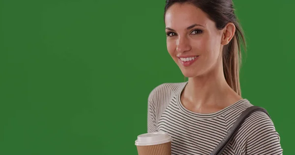 Portrait Une Femme Souriante Heureuse Tenant Une Tasse Café Sur — Photo