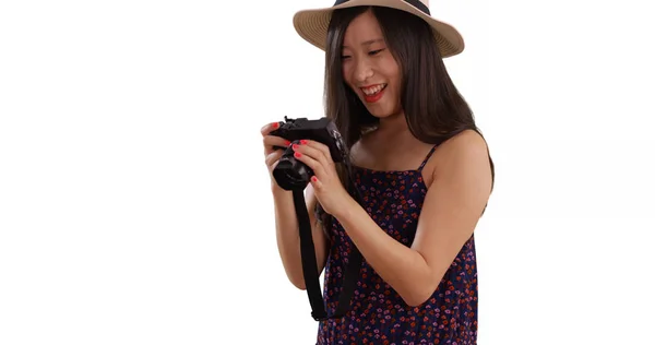 Closeup Asian Millennial Photographer Taking Pictures Copy Space — Stock Photo, Image